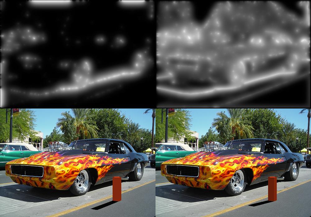 Figure 6. Results comparing illumination estimation based on potential shadow edges (left) and all edges in the image (right).