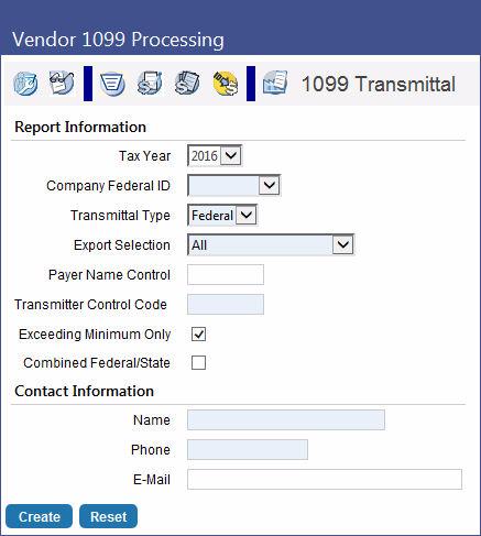 Creating a 1099 Transmittal File Financial Management > Year-End Processing > Vendor 1099 Processing Select the 1099 Transmittal icon to display the 1099 Transmittal page, where you can create an