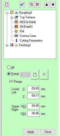 Expand the roughing pass menu by clicking the +. You will see there are various options. Select All (Cut area) to see a top view of the area that is going to be cut out. 2.