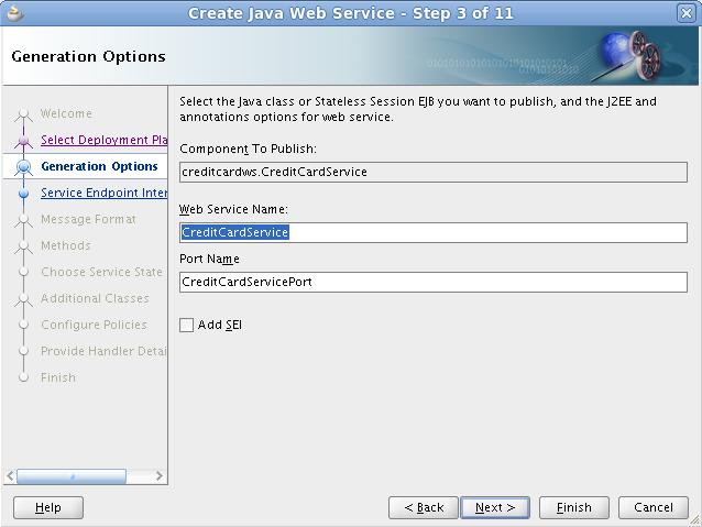 This will start a wizard for creating the Web service. 9. In the Create Java Web Service Step 2 of 11 window, select Java EE 1.
