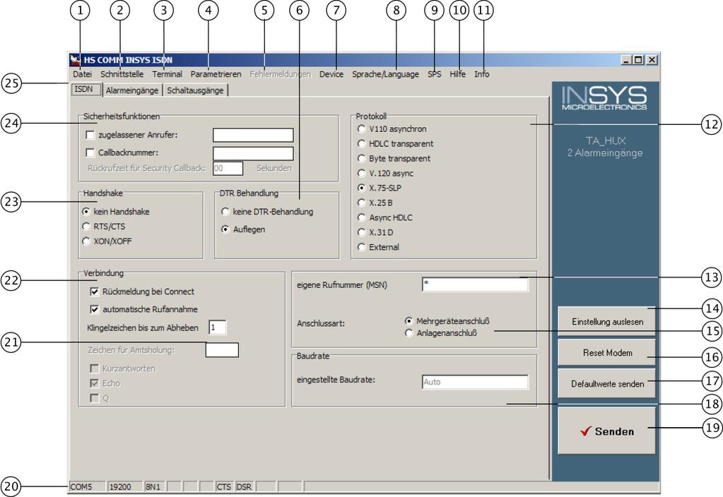 Operating Principle INSYS ISDN TA 4.0 A message window indicating "Sending/receiving data..." is displayed. The program transfers the settings to the INSYS ISDN TA 4.0 now and saves them there.
