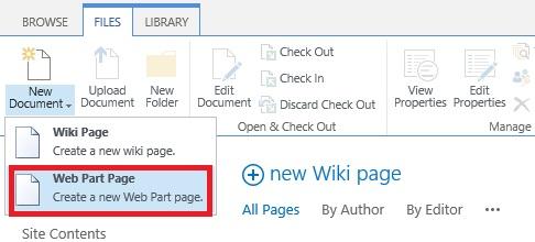 Creating a Web Part page To create a Web Part page on a Microsoft SharePoint 2013 Team site, 1. Navigate to the site where you wish to create a Web Part page. 2. On the Page ribbon tab, click View All Pages in the Page Library group.