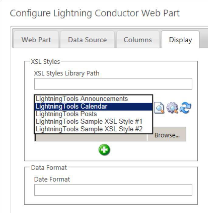 Using an XSLT view The JSON display provider allows you to configure the Lightning Conductor Web Part to display the aggregated content using XSLT (Extensible Stylesheet Language Transformations).