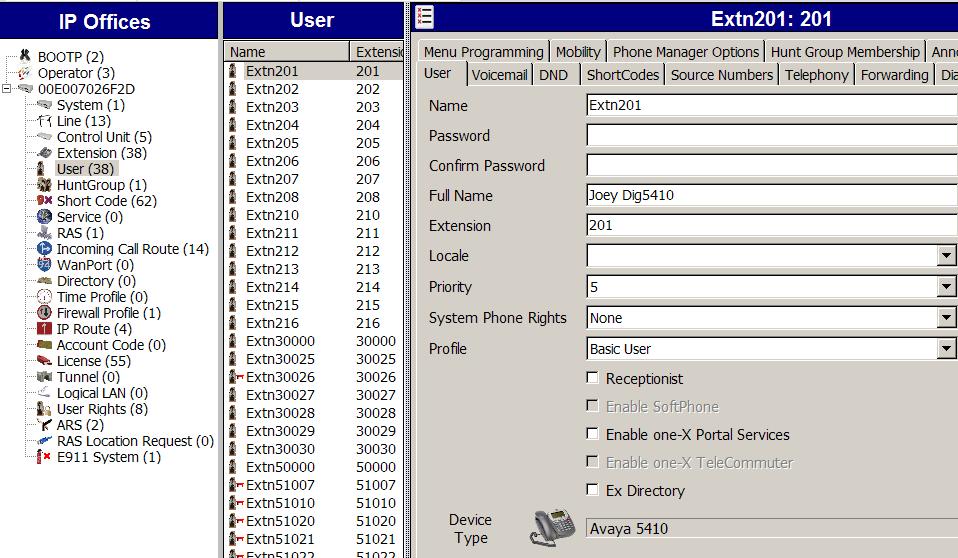 4.5.1. User 201 The following screen shows the User tab for User 201. As shown in Figure 1, this user corresponds to the digital telephone 5410. The following screen shows the SIP tab for User 201.