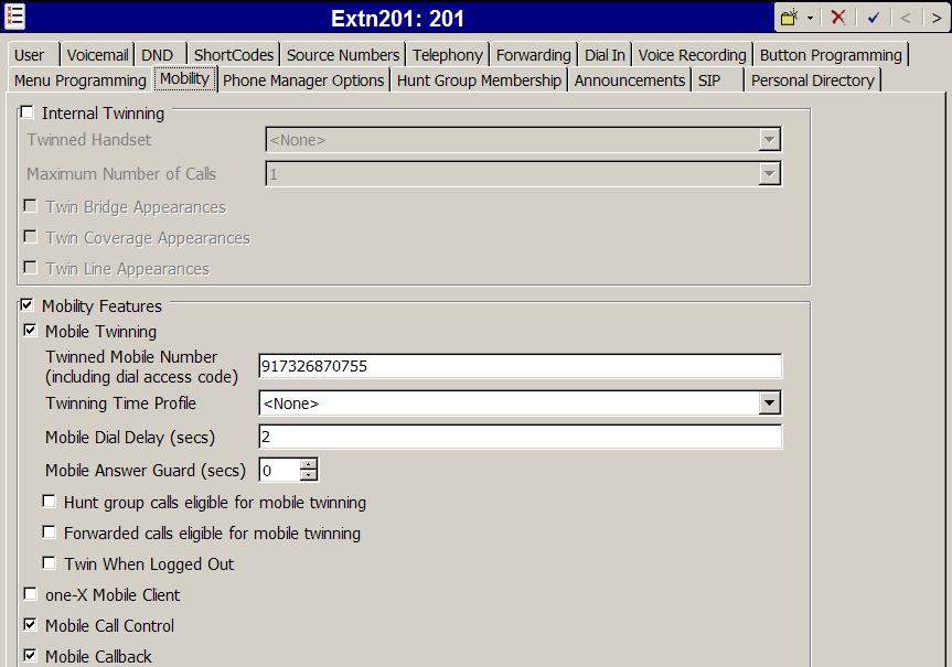 From Figure 1, note that user 201 will use the Mobile Twinning feature. The following screen shows the Mobility tab for User 201. The Mobility Features and Mobile Twinning boxes are checked.