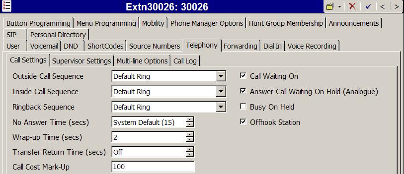 Select the Call Settings tab as shown below. Check the Call Waiting On box to allow an IP Office Softphone logged in as this extension to have multiple call appearances (e.g., necessary for call transfer).