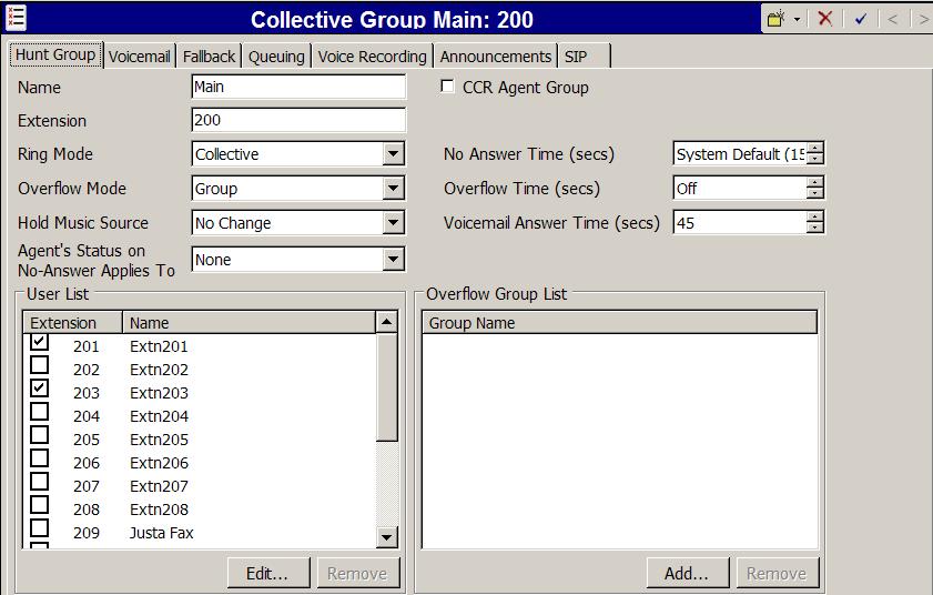 The following screen shows the SIP tab for hunt group 200. The SIP Name and Contact are configured with Verizon DID 7329450236. Later, in Section 4.