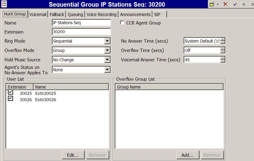 The following screen shows the SIP tab for hunt group 30200.