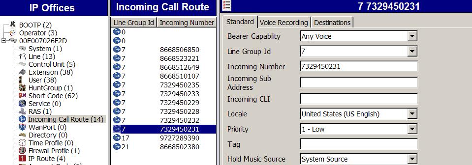 To add an incoming call route, right click on Incoming Call Route in the Navigation pane, and select New.