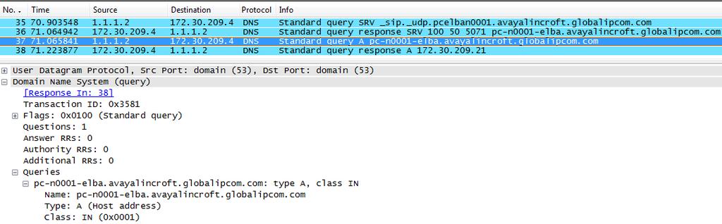 Frame 37 is expanded below to illustrate the IP Office DNS A-query to determine the IP Address associated