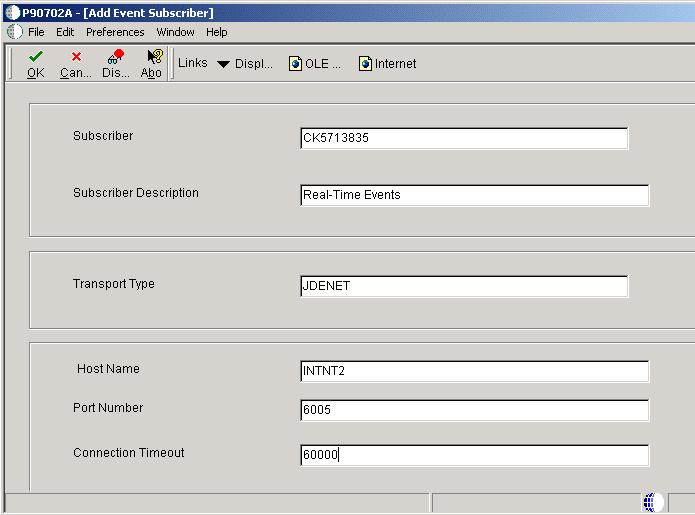 Establishing Subscriber and Subscription Information Figure 14 5 Add Event Subscriber form Subscriber The JD Edwards EnterpriseOne user ID for the user who is to receive the subscribed events.