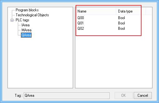 As shown in the following figure, in [QArea] only three tags: [Q00], [Q01], and [Q02] are imported. Therefore, only these three tags can be selected in object settings. 7.