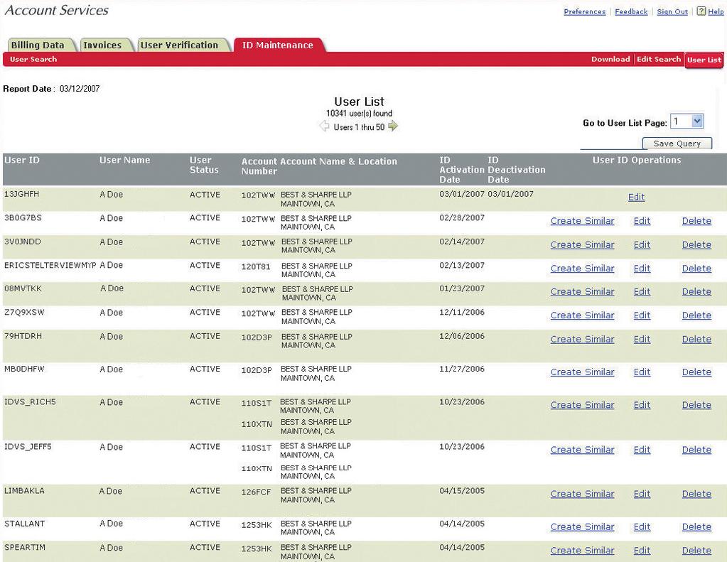 The User List Page The User List page displays IDs that match your query. Each row shows details such as User ID, User Name, User Status and more.