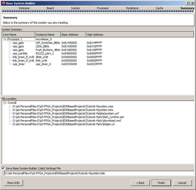 Figure 11. System Summary (Step 10) The file list includes all the files that are created by wizard to define the project. The wizard generates six files. System.xmp: this is the project file that is used by XPS to open the project for future use.