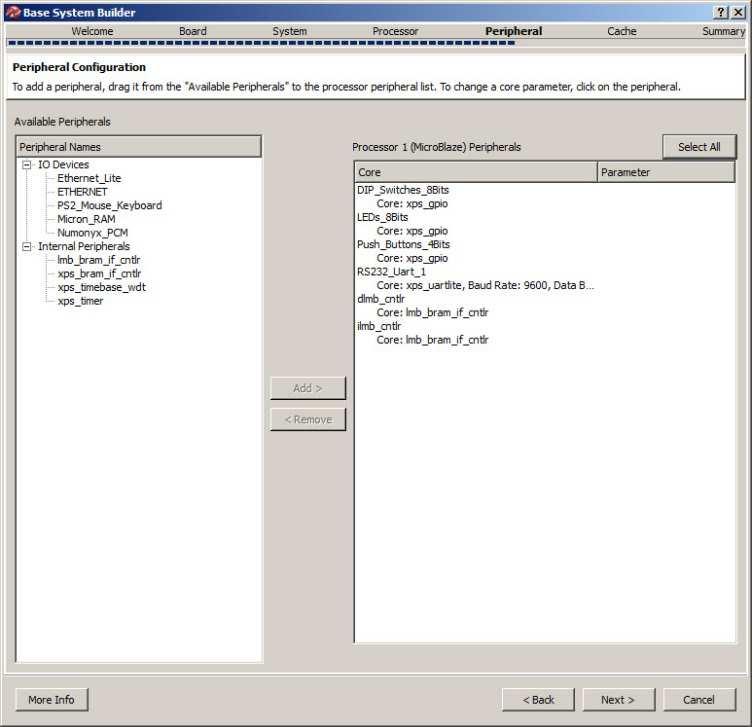 Figure 9. Peripheral Configuration (Step 8-2) To add a device to the processor connection, select the required device and click add.
