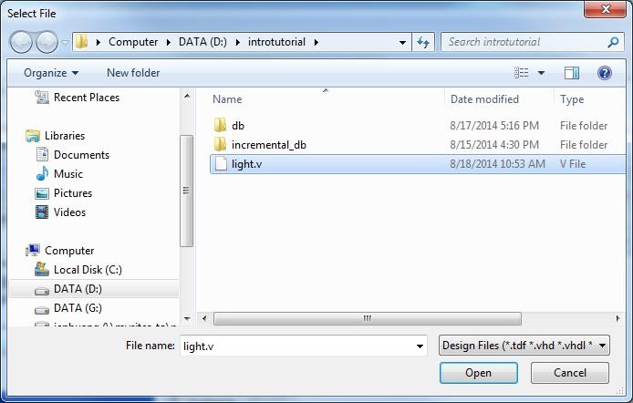 window in Figure 18. Select the light.v file and click Open. The selected file is now indicated in the File name box in Figure 17.