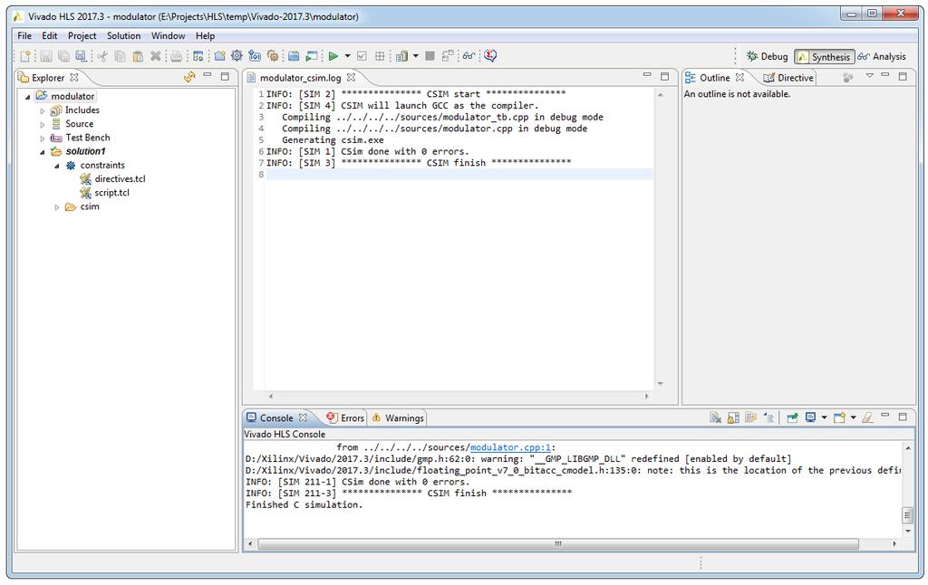27 If no option is selected in the C Simulation dialog box, the C code is compiled and the C simulation is automatically executed. The results are shown on the Figure 2.18.