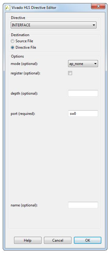45 choose INTERFACE as a directive for sw0 input port in the Directive drop-down list leave selected Directive File as a Destination choose ap none I/O protocol as a mode (optional) option in the