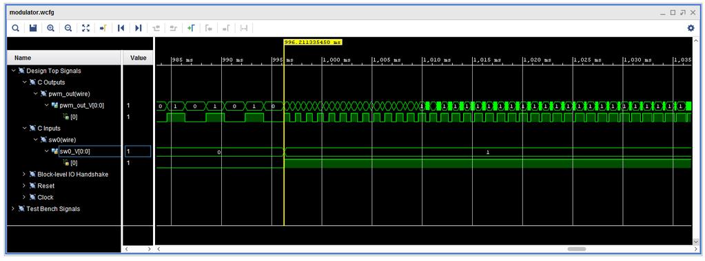 In the Waveform Viewer window expand Design Top Signals folder and then find sw0 V[0:0] port (in the C Inputs -> sw0(wire) folder) and pwm out V[0:0] port (in the C Outputs -> pwm out(wire) folder)