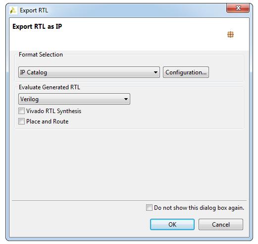 74 Figure 2.62: Export RTL dialog box In the Format Selection drop down list you can choose between IP Catalog, System Generator for DSP or Synthesized Checkpoint (.
