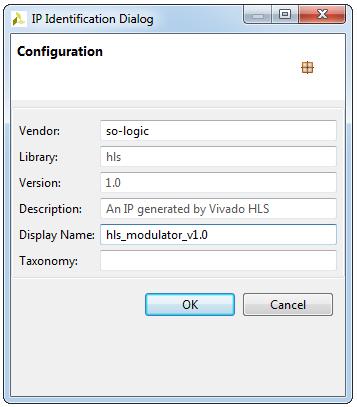 75 Library: hls Version: 1.0 Description: An IP generated by Vivado HLS Display Name: hls modulator v1.0 Figure 2.64: Configuration dialog box in case IP Catalog format 4.