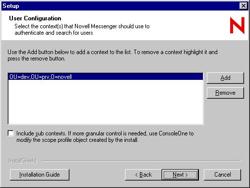 9 Provide the edirectory authentication information as planned under item 10 of the worksheet, then click Next to display the User Configuration page. If you are installing Messenger 2.0.2 Hot Patch 1 or later, the screen text for the Directory Authentication page might be different.