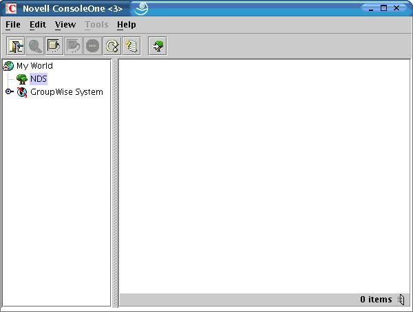 Figure 3-4 ConsoleOne on Linux 1 In ConsoleOne, select NDS, then click File > Authenticate.