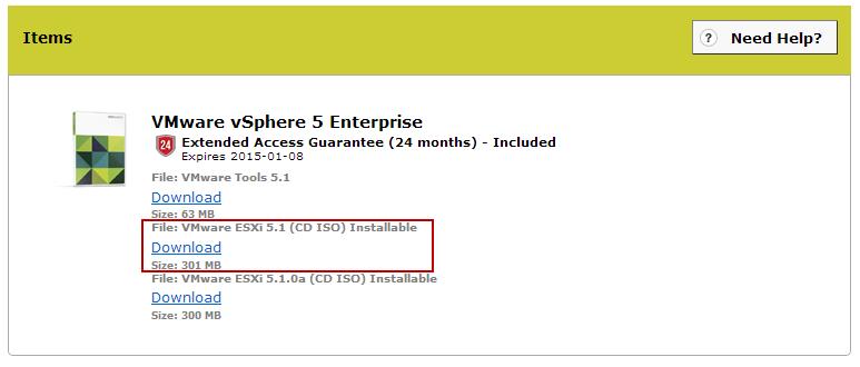 2. Click the Download link for VMware ESXi 5.1 (CD ISO) Installable.