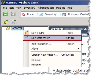 4. Right-click on the VCENTER host and select New Datacenter. 5.