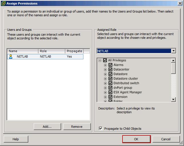 8. In the Assign Permissions window, select NETLAB from the drop box in the Assigned Role area and