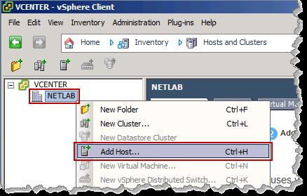 9.3 Adding ESXi hosts to the NETLAB+ datacenter In this section, you will be adding ESXi Host Servers to the NETLAB+ datacenter so that they may be managed by vcenter.