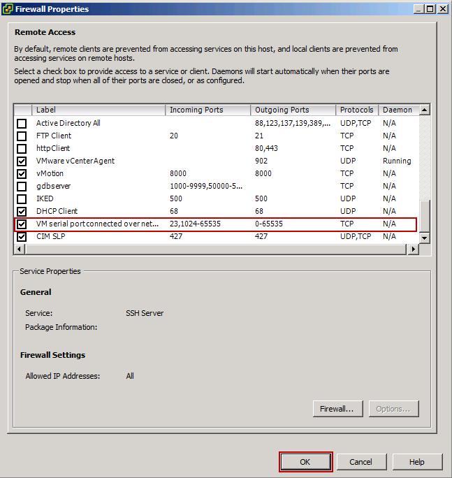4. In the Firewall Properties window, scroll to the bottom of the list and click the checkbox for VM serial port connected over net Click OK to save
