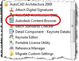 How do I get to it? Because Autodesk Content Browser is a separate program, it can be launched from either outside AutoCAD Architecture or from within AutoCAD Architecture.