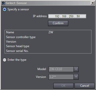 2-8 Saving a project p.86 3 Select the [Specify a sensor] button to specify the IP address of the Sensor Controller to be connected.