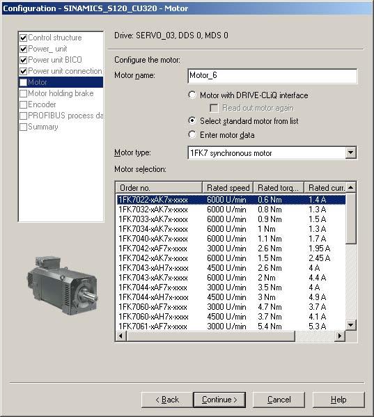 3.9 9. Step: Configuration of the SINAMICS drive with S7T Config 17 Select the correct motor from the list. To activate the selection option, you must select the "Select standard motor from list" box.