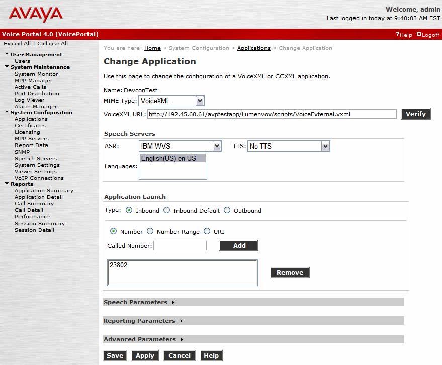 Add an Application. On the Applications page, add an Avaya Voice Portal application. Specify a Name for the application, set the MIME Type field to the appropriate value (e.g., VoiceXML), and set the VoiceXML URL field to point to a VoiceXML application hosted in the application server.