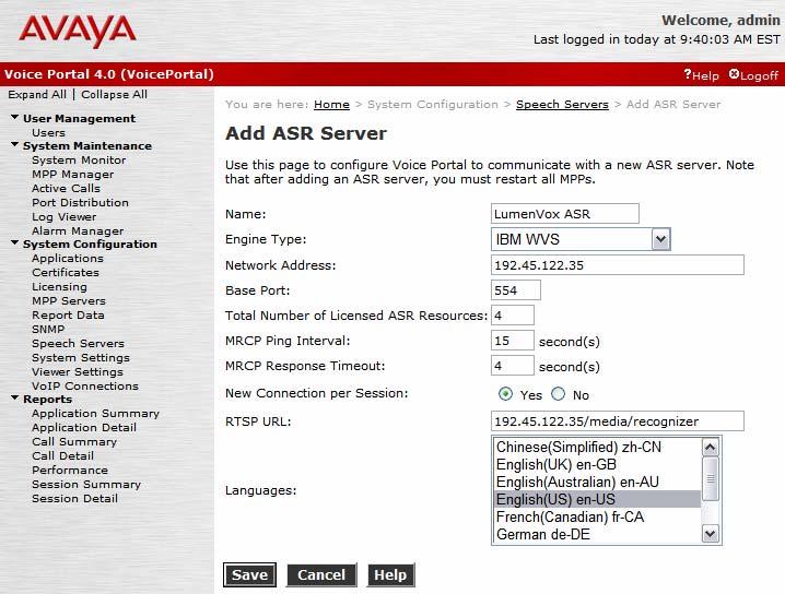 Add an ASR Server. To configure the ASR server, click on Speech Servers in the left pane, select the ASR tab, and then click Add.