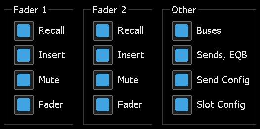 Mute: Channel Mute, Larger Fader Mute, Fader 1 Mute o Fader: Channel Fader, Larger Fader, Fader 1, Stereo Return, Group Master, and Program Master automated faders Fader 2: 2448, Legacy AXS, and