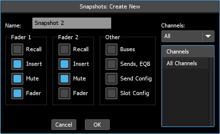 After all the controls and channels have been selected, touch the OK button to create the new snapshot.