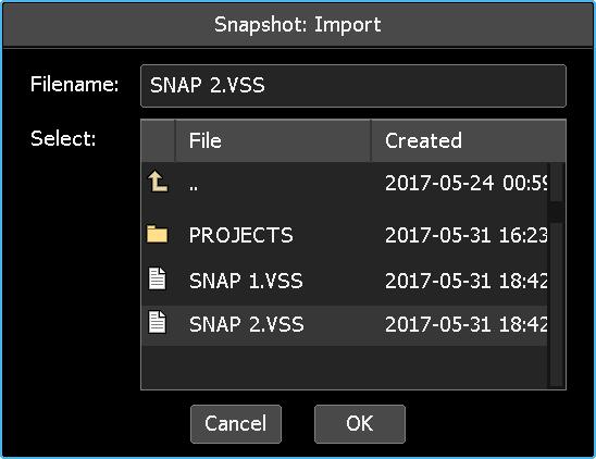 Select Import to open the Snapshot: Import dialog box. The Snapshot: Import dialog box allows the snapshot to be imported to be located on the memory-card.