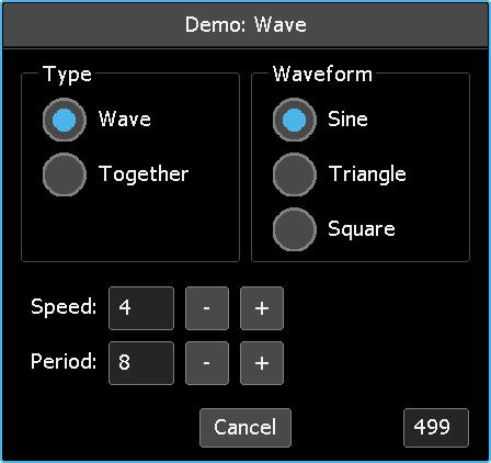 Sine: Sinusoidal waveform Triangle: Triangle waveform Square: Square waveform Sine is selected by default. Changing the Speed will alter the frequency of the fader movement.