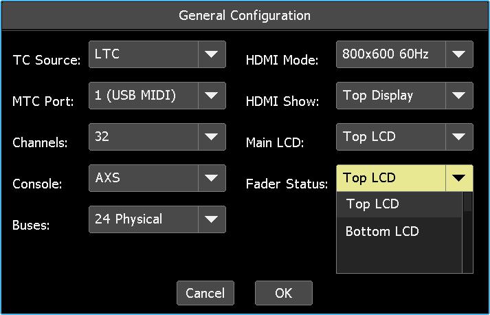 Select the LCD to display fader status from the Fader Status pull-down menu.