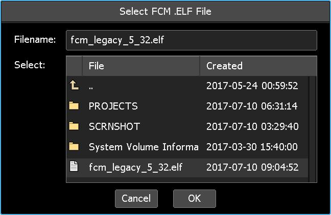 The Select FCM.ELF File dialog box allows the updated firmware file (.elf) to be located on the memory-card. Once located, touch the firmware file to select it.