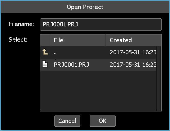 When the project folder opens, open the desired project file by touching its icon or name. The name of the selected file will be displayed in the Filename field.
