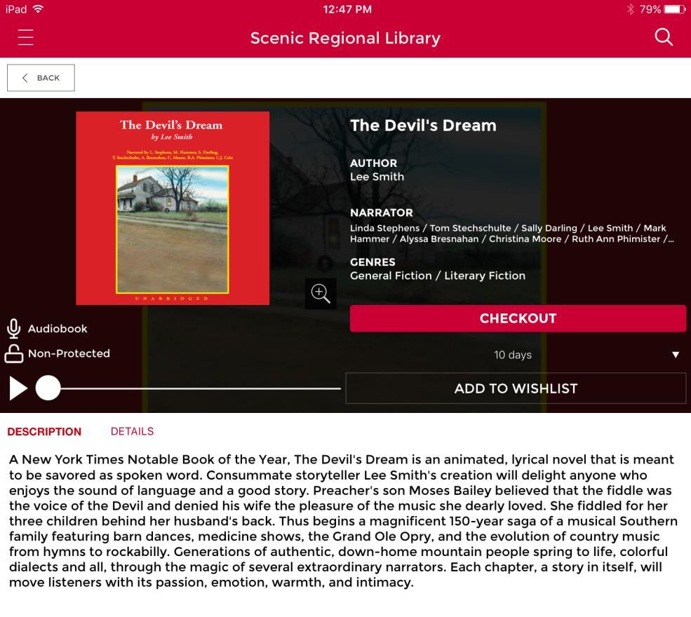 Browsing and Borrowing Audiobooks, continued 9. Tap Checkout.