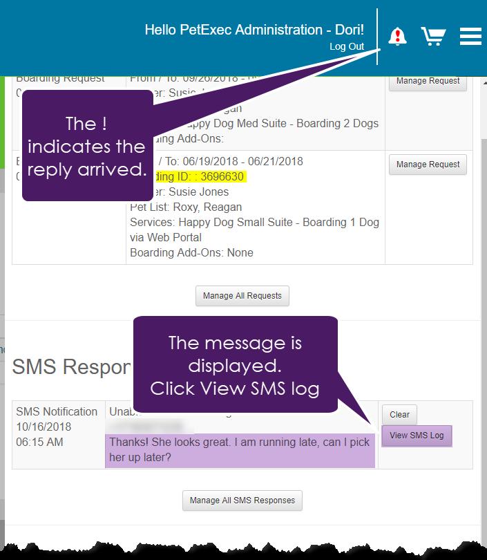 The reply message is displayed in the Bell Icn, the exclamatin indicates the reply arrived: (Enable Ntificatins fr SMS Respnses in