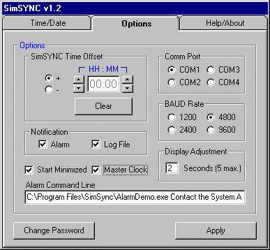 Configuring the SimSYNC Software (Options Tab), Continued Setting the Start Minimized and Master Clock Options In order to hide the SimSYNC main screen automatically, check the Start Minimized box.