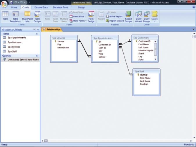 20. In the displayed Edit Relationships dialog box, select the Enforce Referential Integrity check box, and then click Create. Compare your screen with Figure 7.