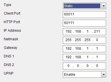 Set your net type to Static; Set Client port number and HTTP port, and the ports need to be forwarded to a router. Input a specified IP address to [IP address] column.