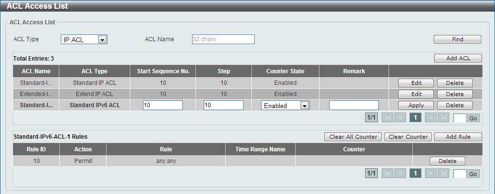 Figure 8-32 Standard IPv6 ACL (Counter State Enabled) Window The fields that can be configured are described below: Start Sequence No. Stop Counter State Remark Enter the start sequence number here.